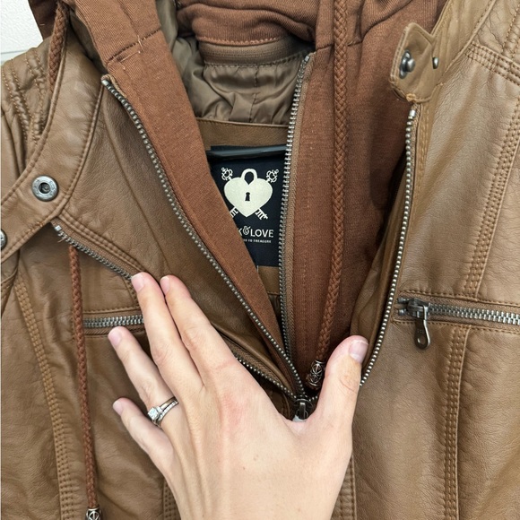 Brown Leather Jacket with Hood - Picture 3 of 8